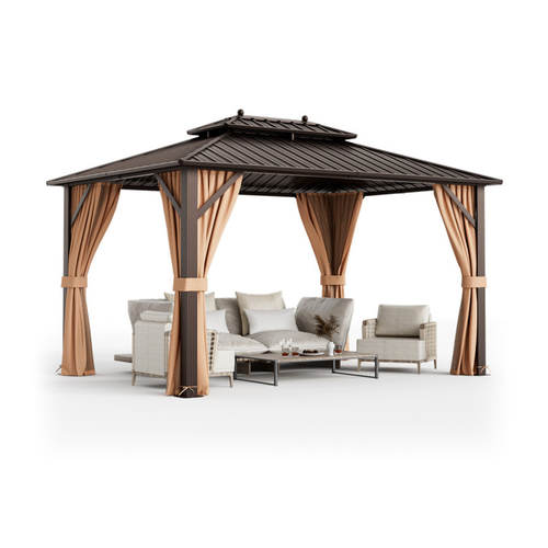 10 X 13 Feet Patio Hardtop Gazebo with Galvanized Steel Double Roof and Netting