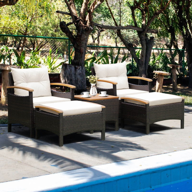 5 Pieces Patio Conversation Set with Cushions Coffee Table and 2 Ottomans