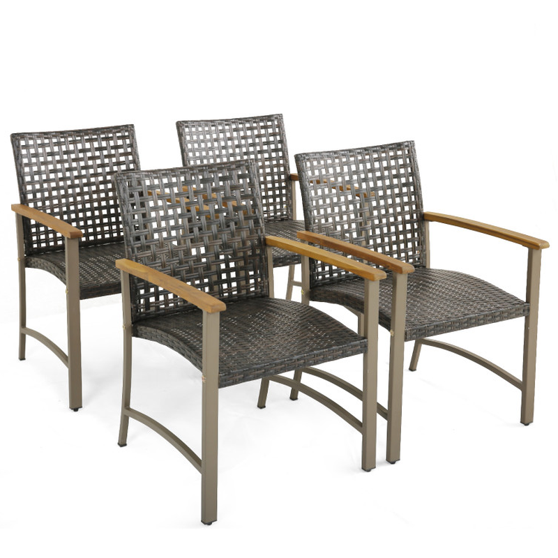 Set of 4 Patio Rattan Dining Chairs with Acacia Wood Armrests