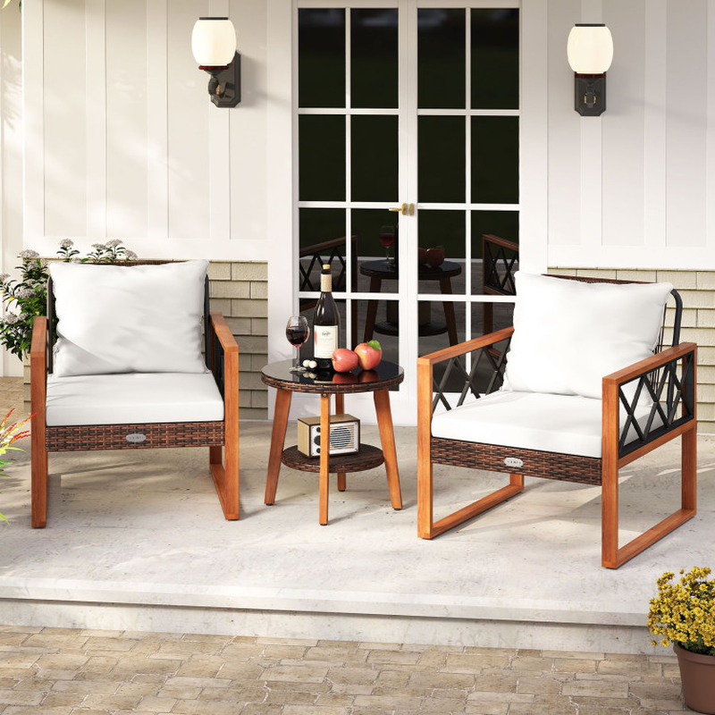 3 Pieces Patio Furniture Set with Tempered Glass Top Table and Soft Cushions