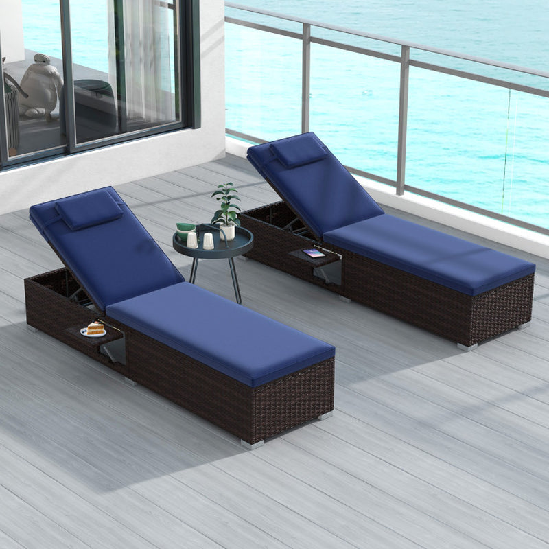 PE Rattan Chaise Lounge Set of 2 with 6-Position Adjustable Backrest and Foldable Side Table