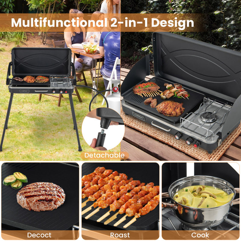2-In-1 Gas Camping Grill and Stove with 4 Detachable Legs