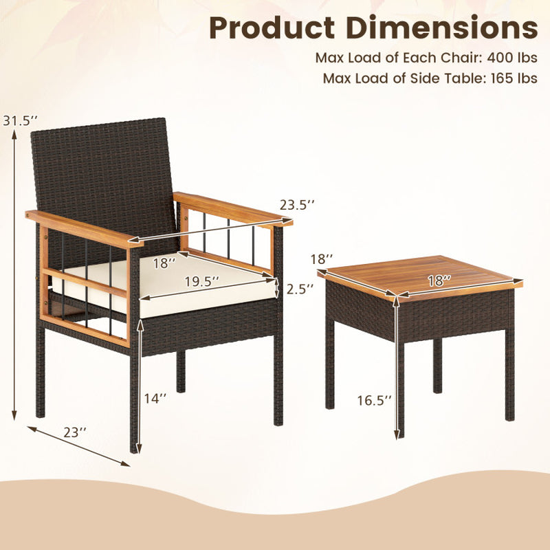3 Piece Wicker Furniture Set with Acacia Wood Tabletop and Armrest for Balcony