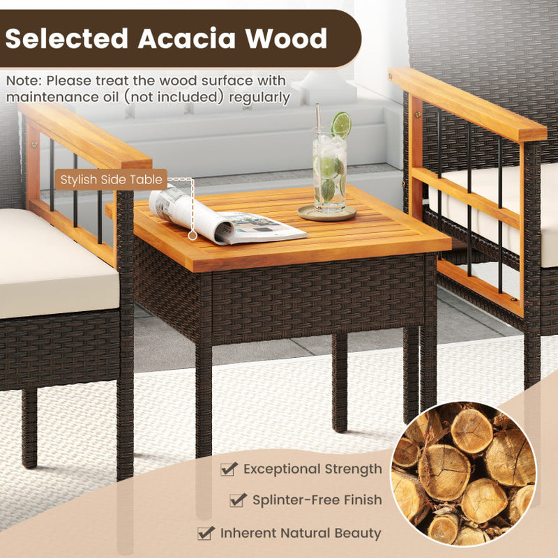 3 Piece Wicker Furniture Set with Acacia Wood Tabletop and Armrest for Balcony