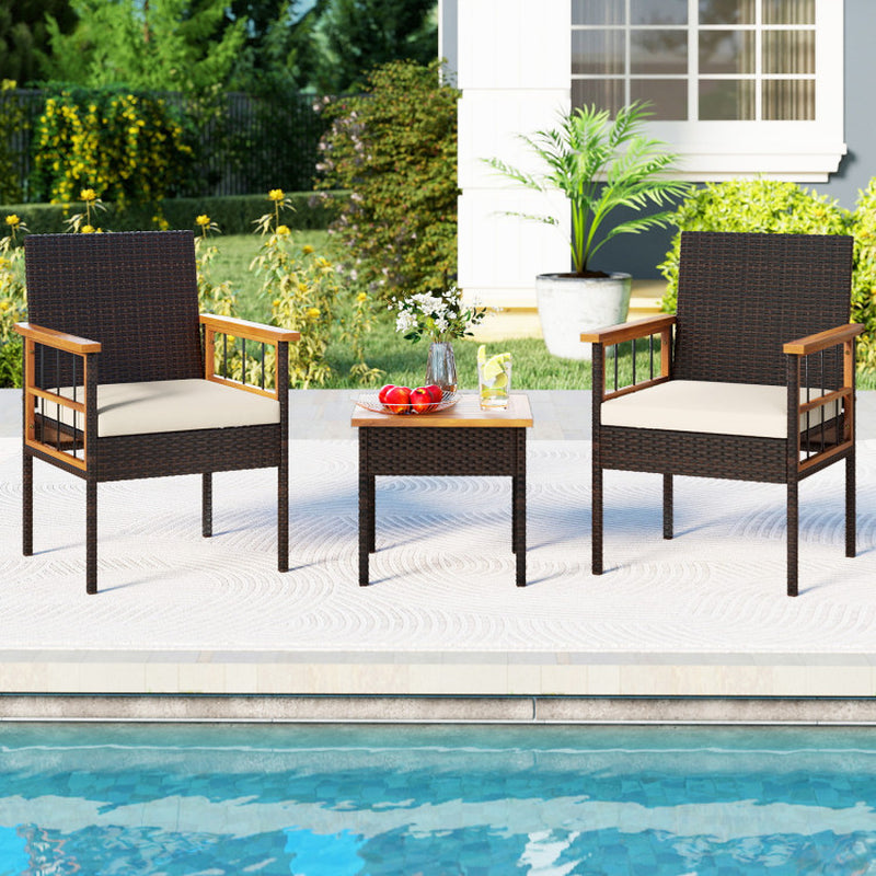3 Piece Wicker Furniture Set with Acacia Wood Tabletop and Armrest for Balcony