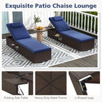 PE Rattan Chaise Lounge Set of 2 with 6-Position Adjustable Backrest and Foldable Side Table