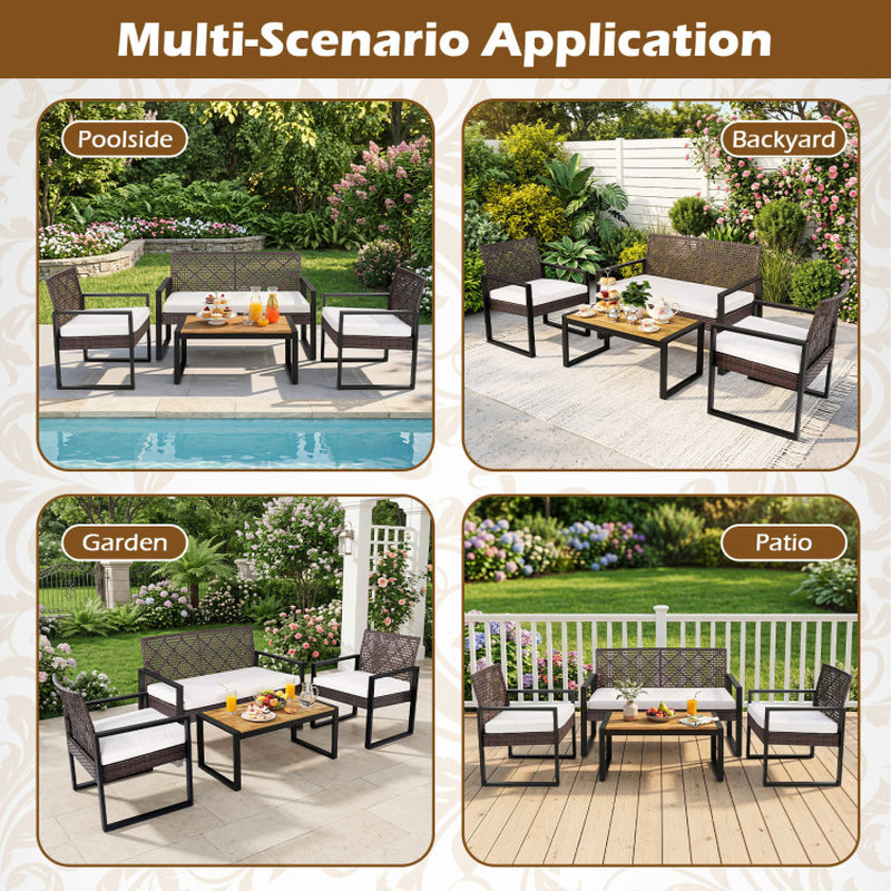 4-Piece Patio Set with Acacia Coffee Table and Wicker Chairs for Backyard