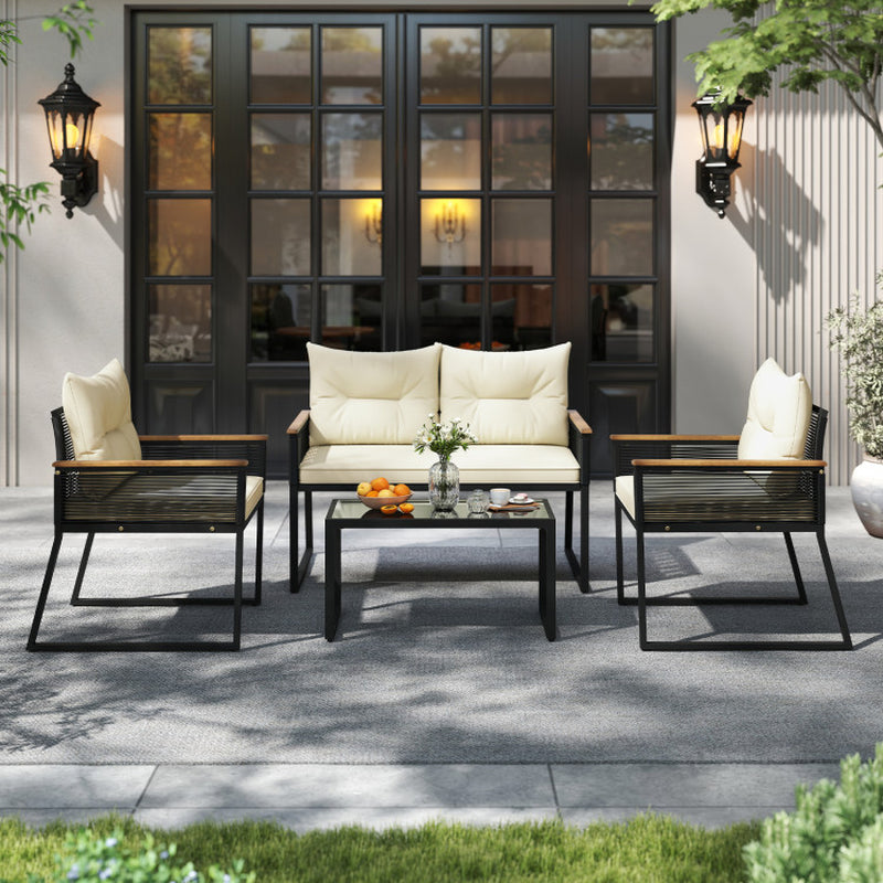 4 Pieces Patio Furniture Set Outdoor Conversation Set with Tempered Glass Coffee Table