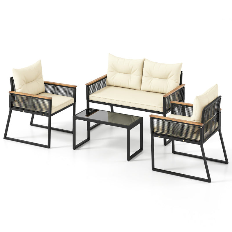 4 Pieces Patio Furniture Set Outdoor Conversation Set with Tempered Glass Coffee Table