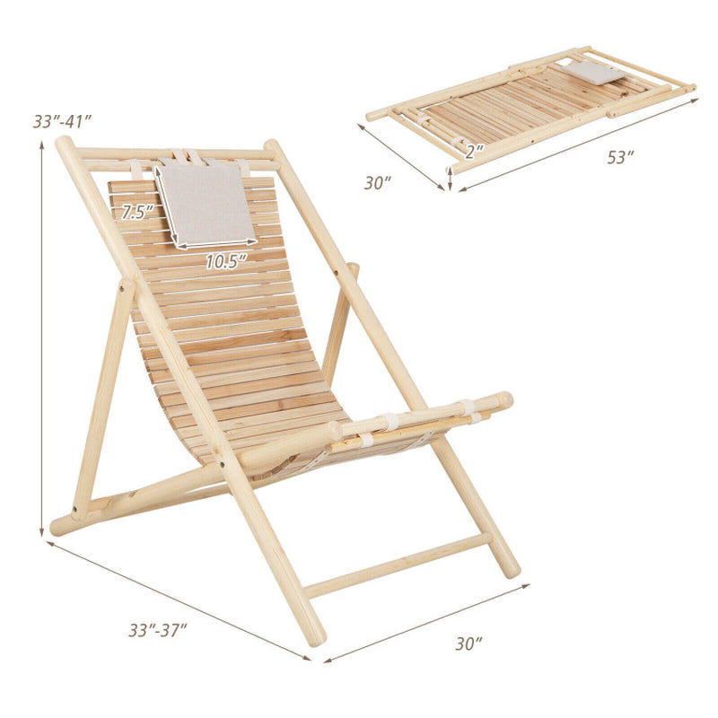 Solid Fir Wood Lounge Chair with 3-Level Adjustable Backrest and Soft Padded Headrest