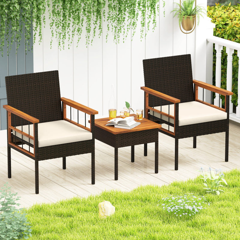 3 Piece Wicker Furniture Set with Acacia Wood Tabletop and Armrest for Balcony