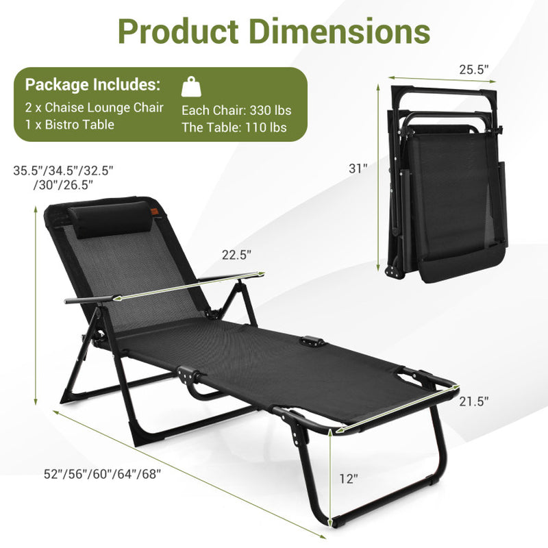 3 Pieces Patio Folding Chaise Lounge Set with PVC Tabletop