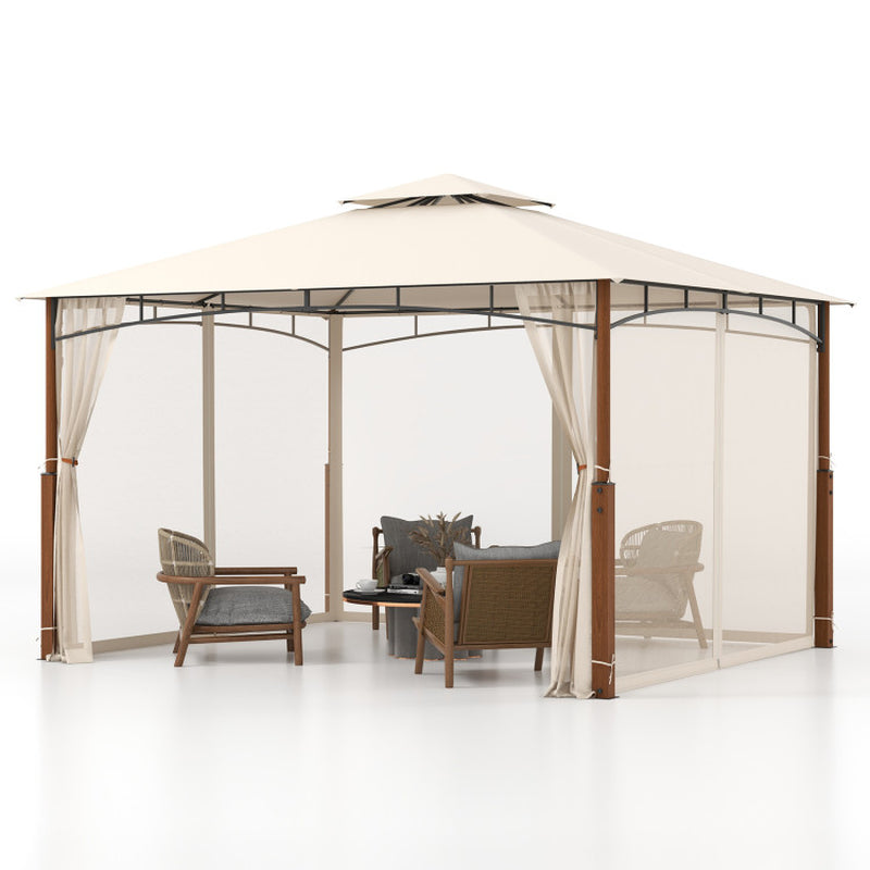 12 X 10 Feet Outdoor Patio Gazebo with Netting and 2-Tier Canopy Roof