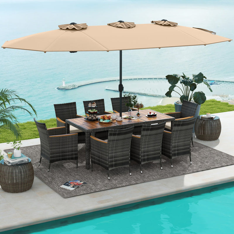 10 Pieces Wicker Outdoor Dining Set for 8 with 15 Feet Patio Umbrella