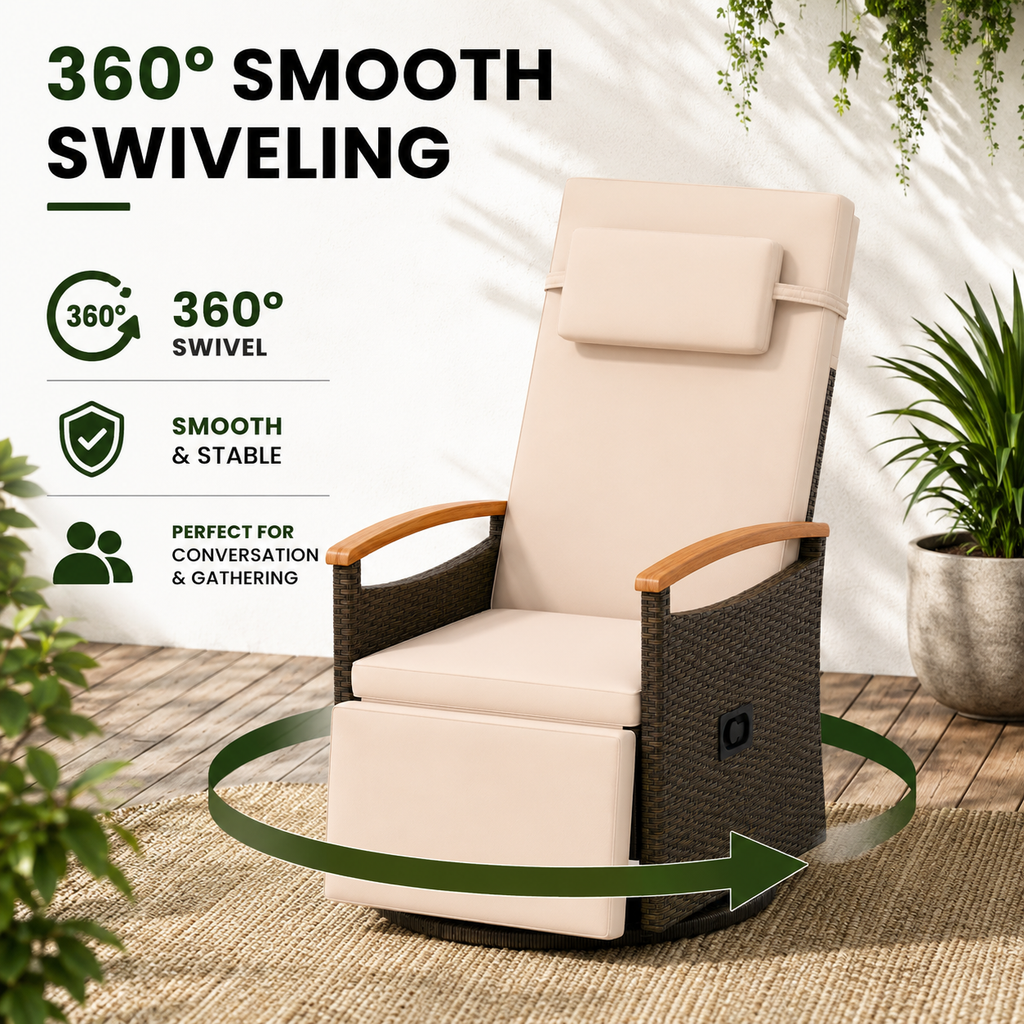 360° Swivel Outdoor Recliner Chair with Side Table & Adjustable Footrest
