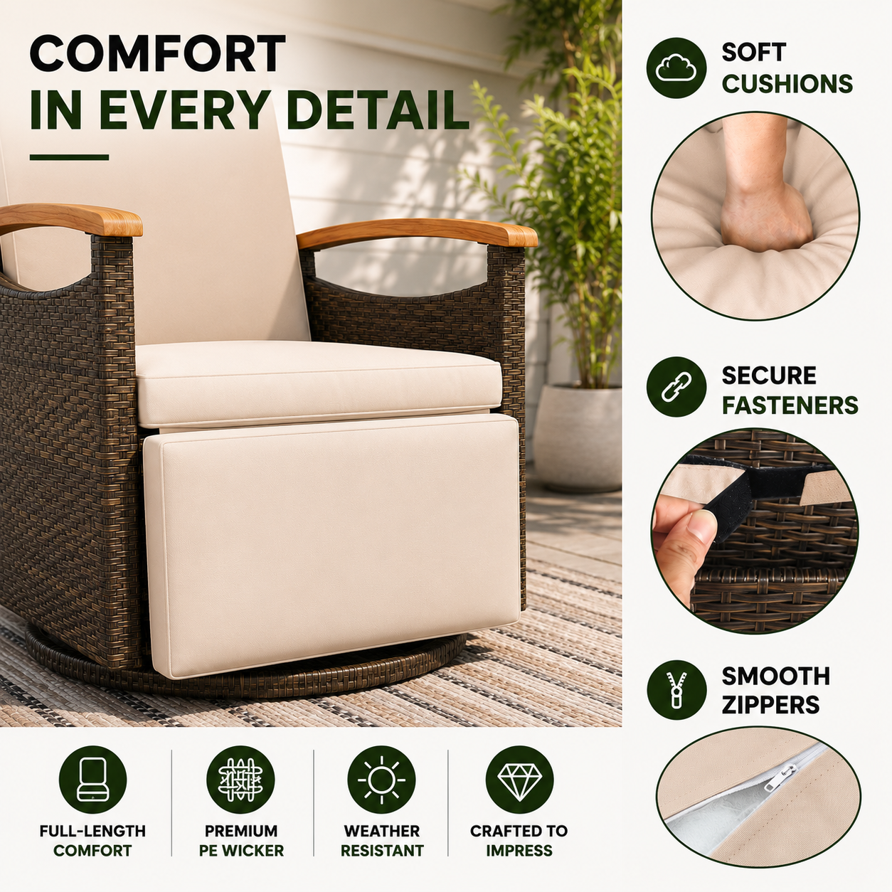 Adjustable Outdoor Patio Recliner Chair with Fold-Down Side Table & Built-In Footrest