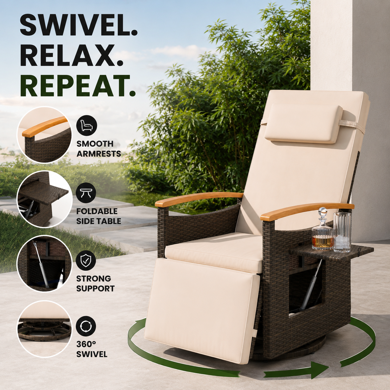 Adjustable Outdoor Patio Recliner Chair with Fold-Down Side Table & Built-In Footrest