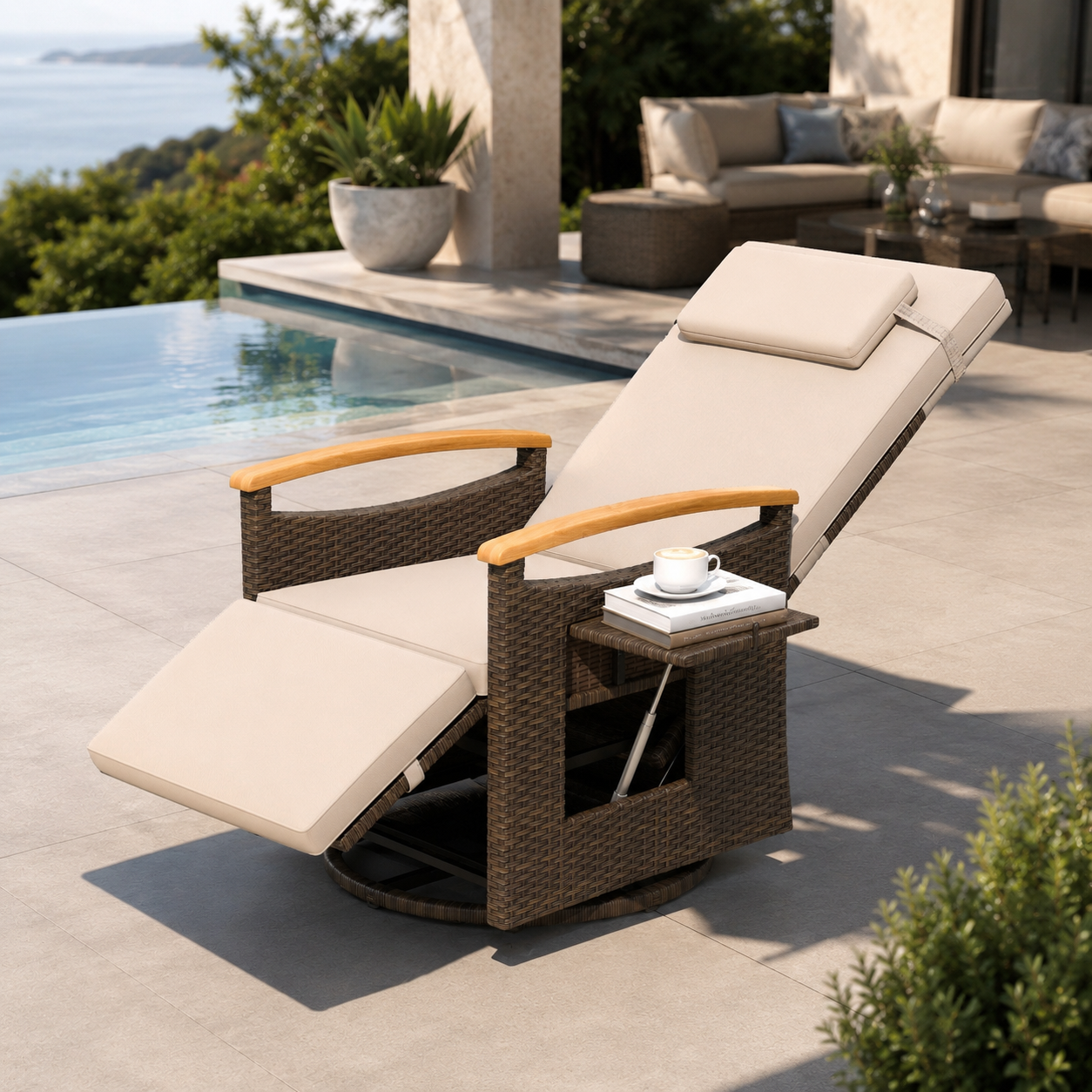 360° Swivel Outdoor Recliner Chair with Side Table & Adjustable Footrest