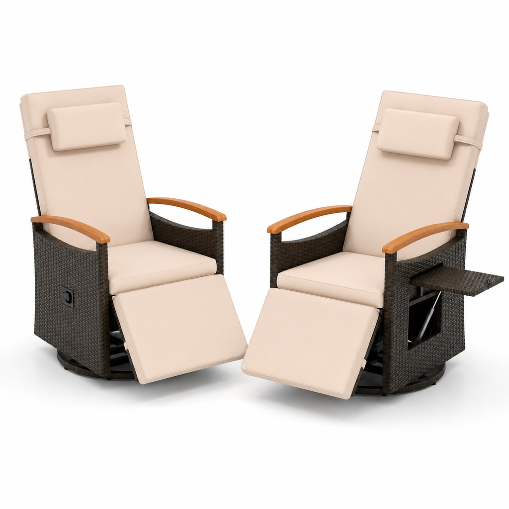 360° Swivel Outdoor Recliner Chair with Side Table & Adjustable Footrest