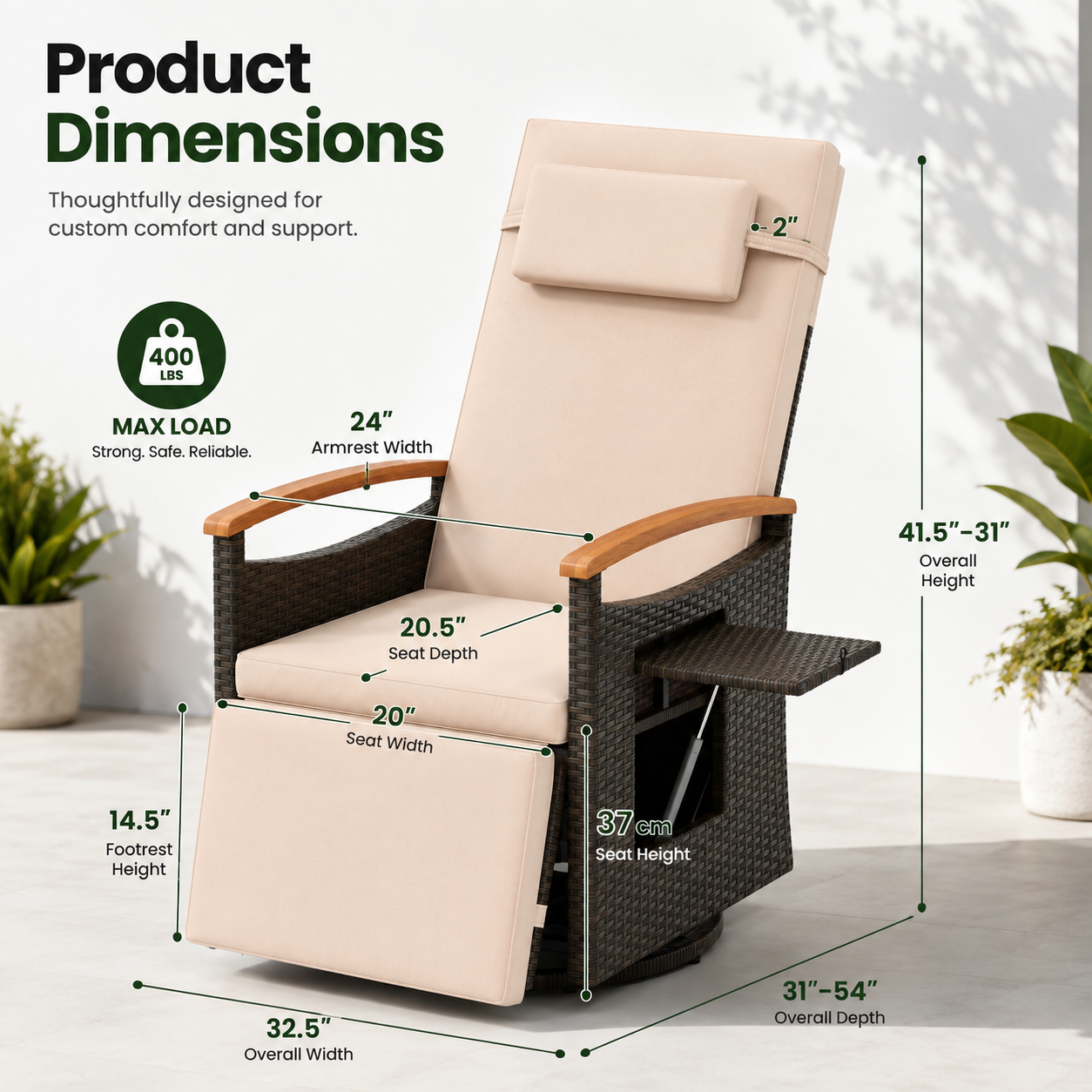 Adjustable Outdoor Patio Recliner Chair with Fold-Down Side Table & Built-In Footrest