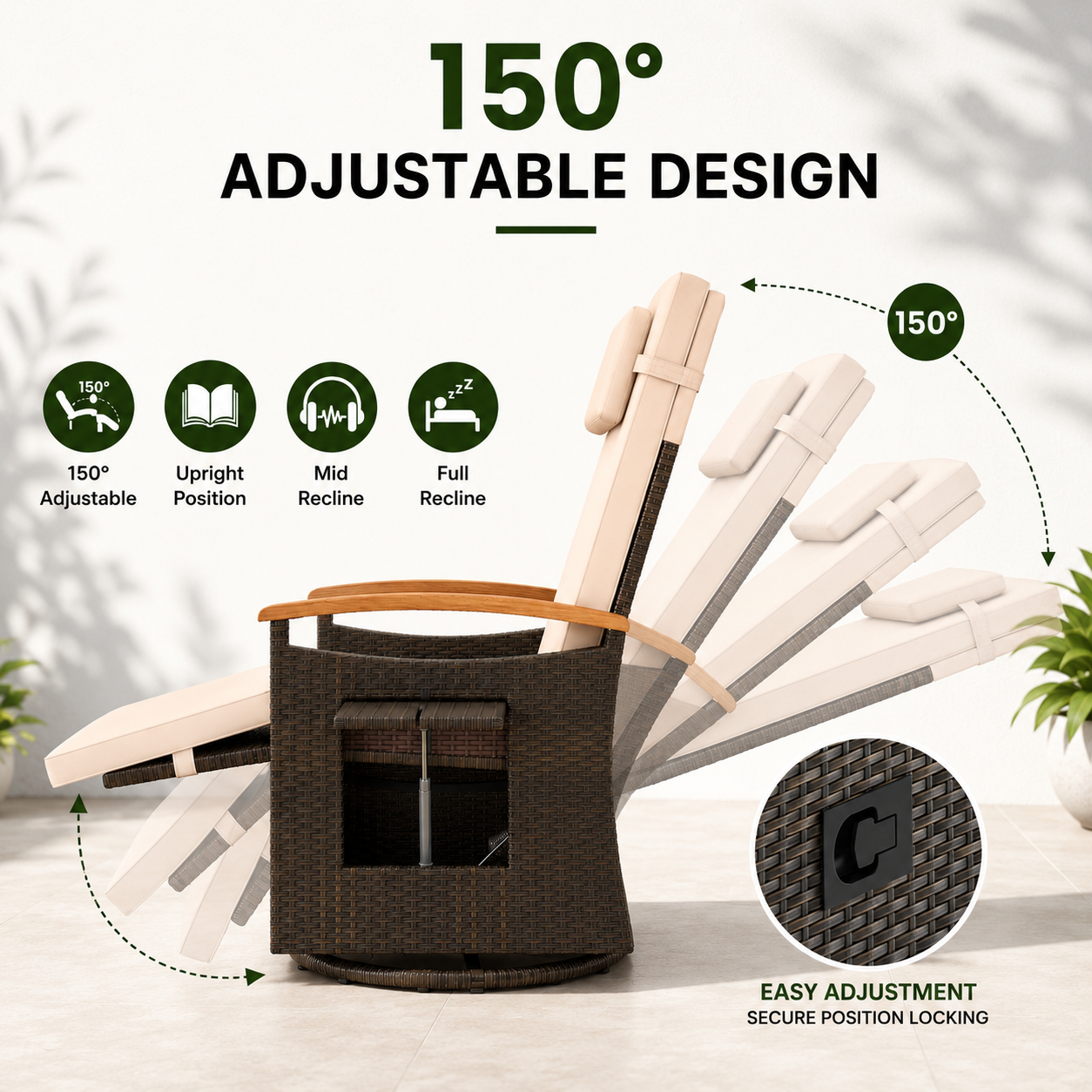 Adjustable Outdoor Patio Recliner Chair with Fold-Down Side Table & Built-In Footrest