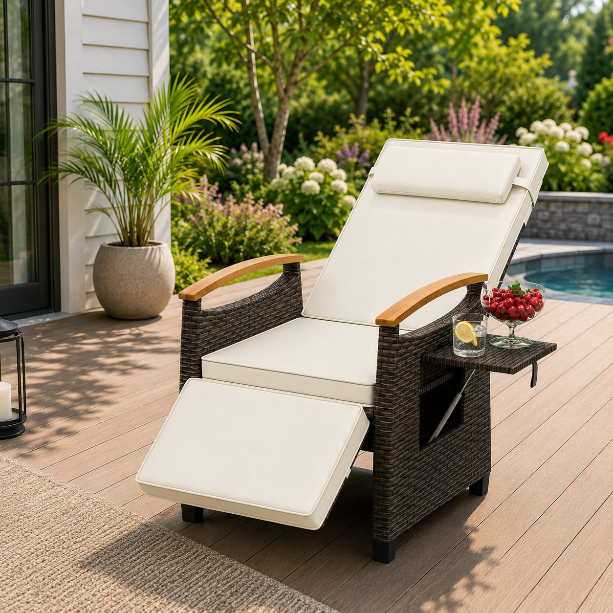 Adjustable Outdoor Patio Recliner Chair with Fold-Down Side Table & Built-In Footrest