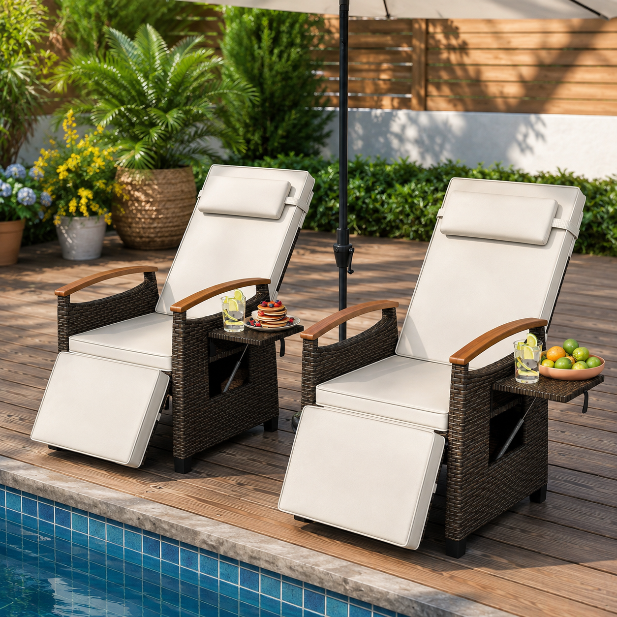 Adjustable Outdoor Patio Recliner Chair with Fold-Down Side Table & Built-In Footrest