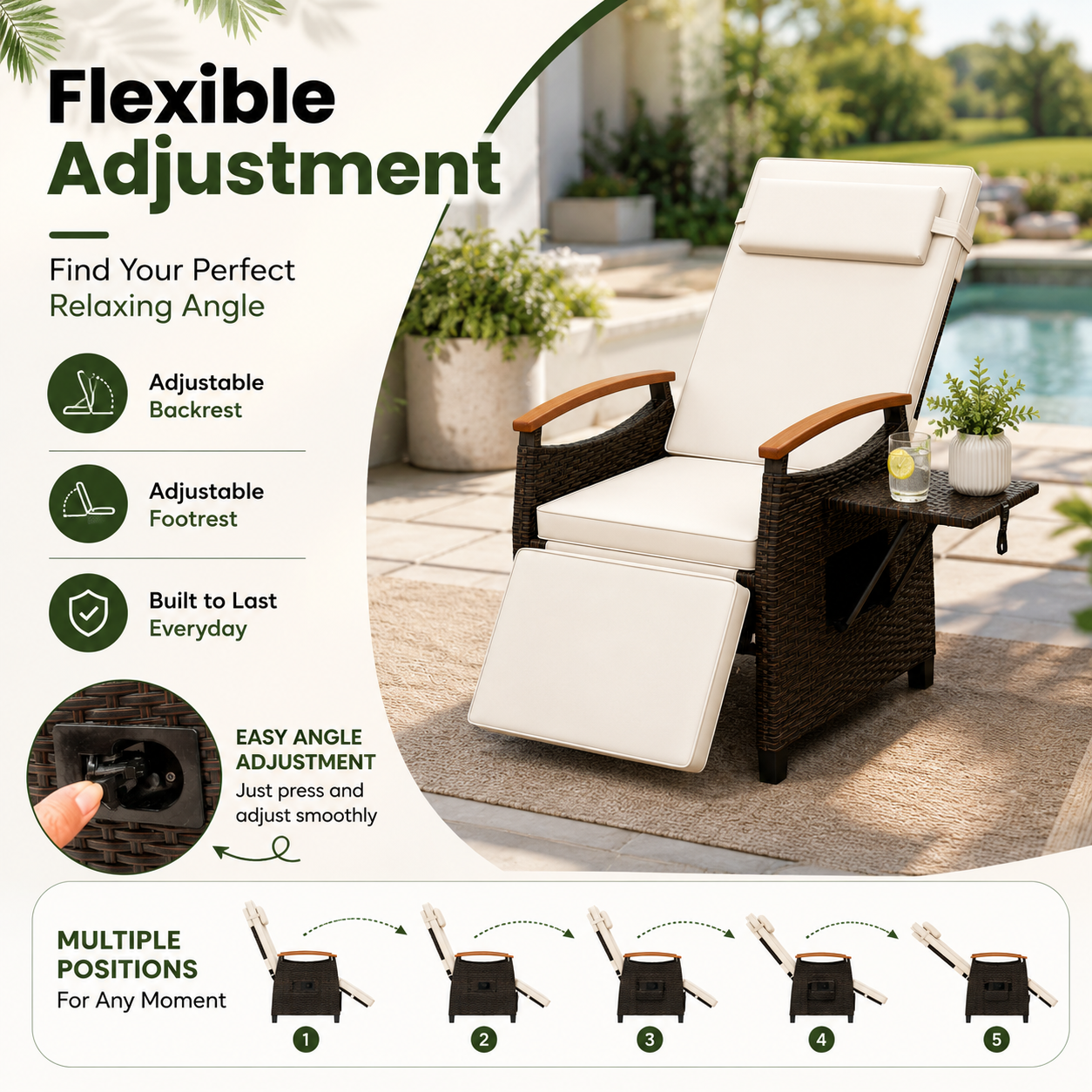 Adjustable Outdoor Patio Recliner Chair with Fold-Down Side Table & Built-In Footrest