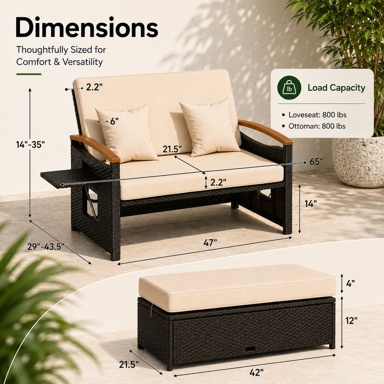 Convertible Outdoor Patio Daybed with Storage Ottoman | Adjustable Wicker Loveseat |