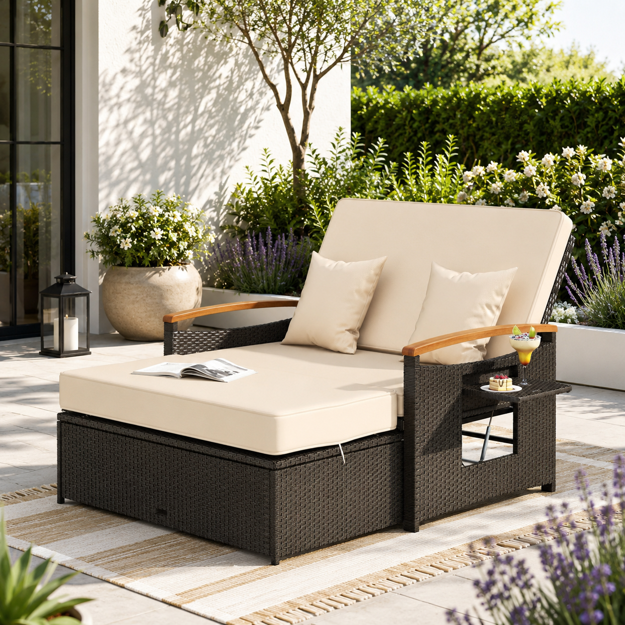 Convertible Outdoor Patio Daybed with Storage Ottoman | Adjustable Wicker Loveseat |