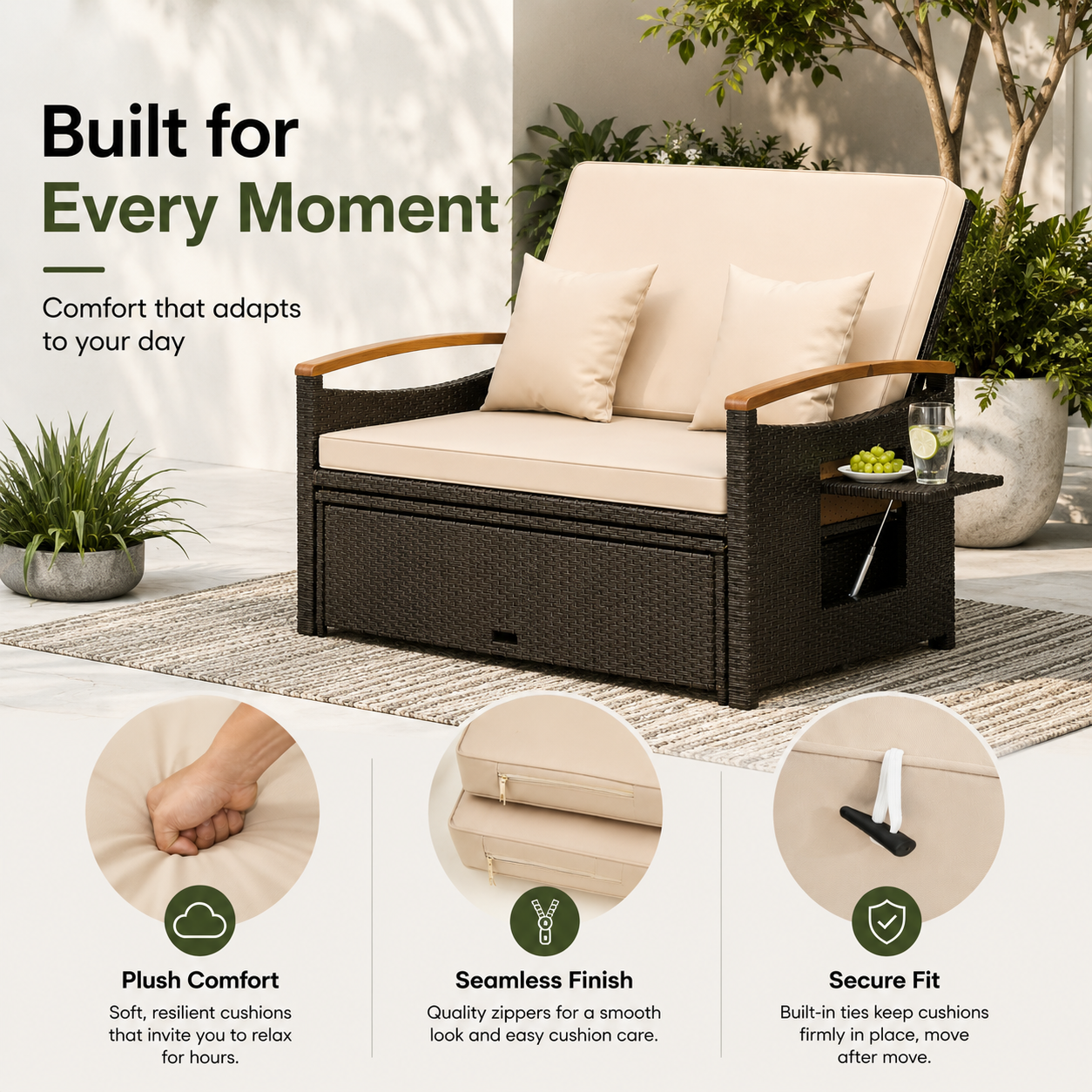 Convertible Outdoor Patio Daybed with Storage Ottoman | Adjustable Wicker Loveseat |