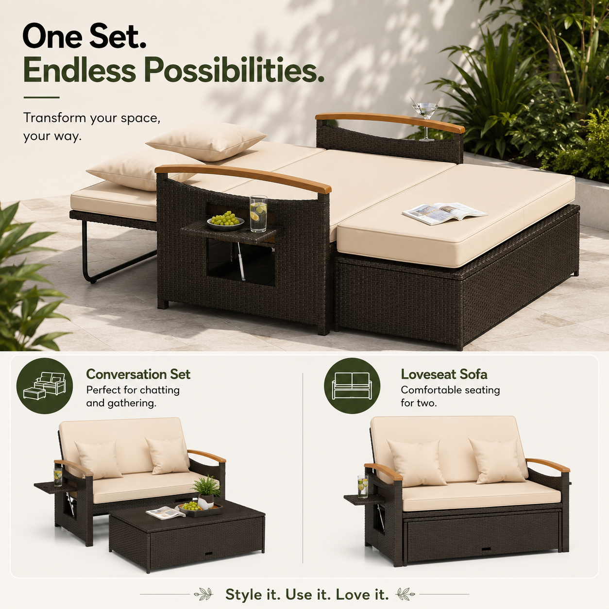 Convertible Outdoor Patio Daybed with Storage Ottoman | Adjustable Wicker Loveseat |