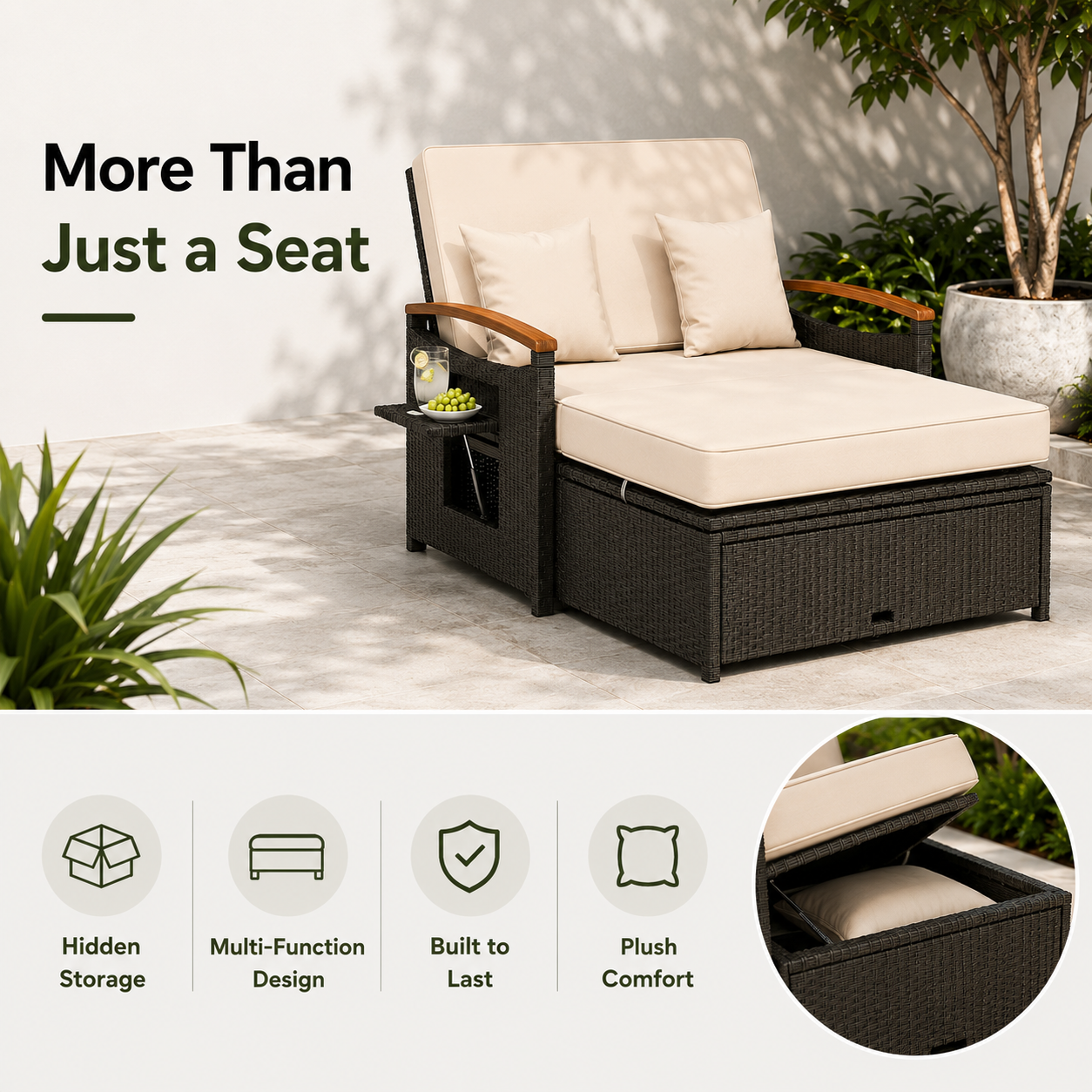 Convertible Outdoor Patio Daybed with Storage Ottoman | Adjustable Wicker Loveseat |