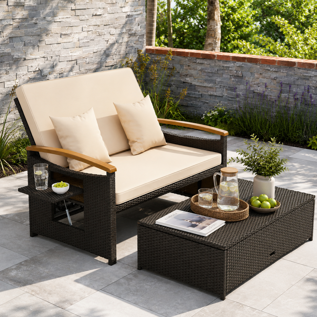 Convertible Outdoor Patio Daybed with Storage Ottoman | Adjustable Wicker Loveseat |