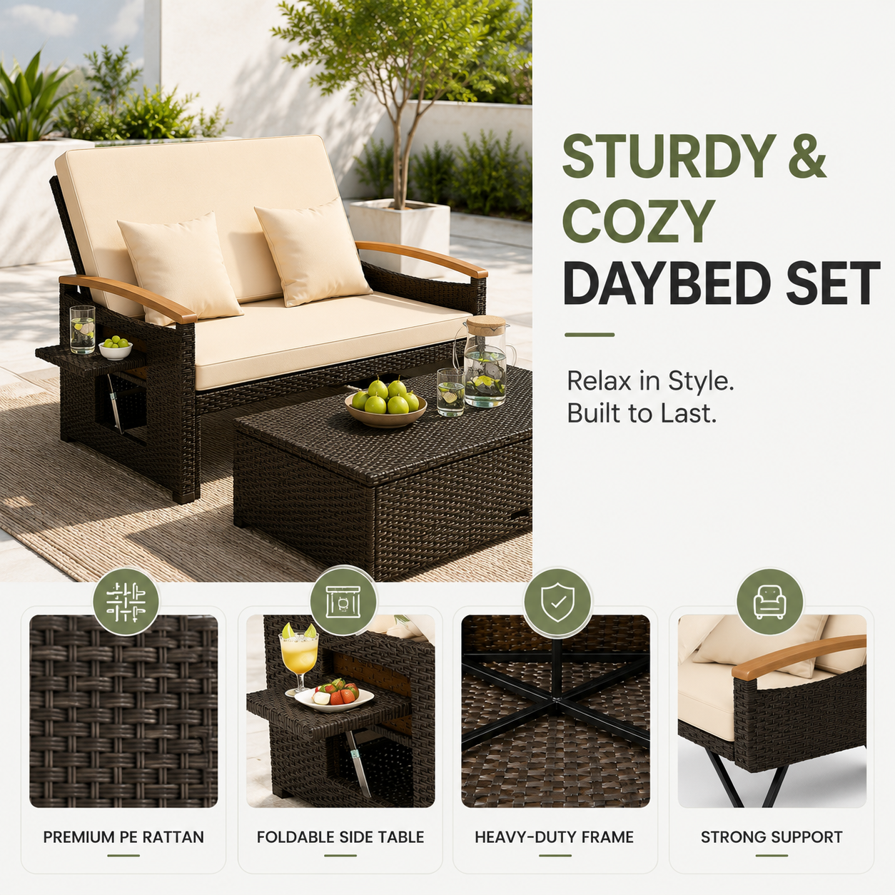 Convertible Outdoor Patio Daybed with Storage Ottoman | Adjustable Wicker Loveseat |