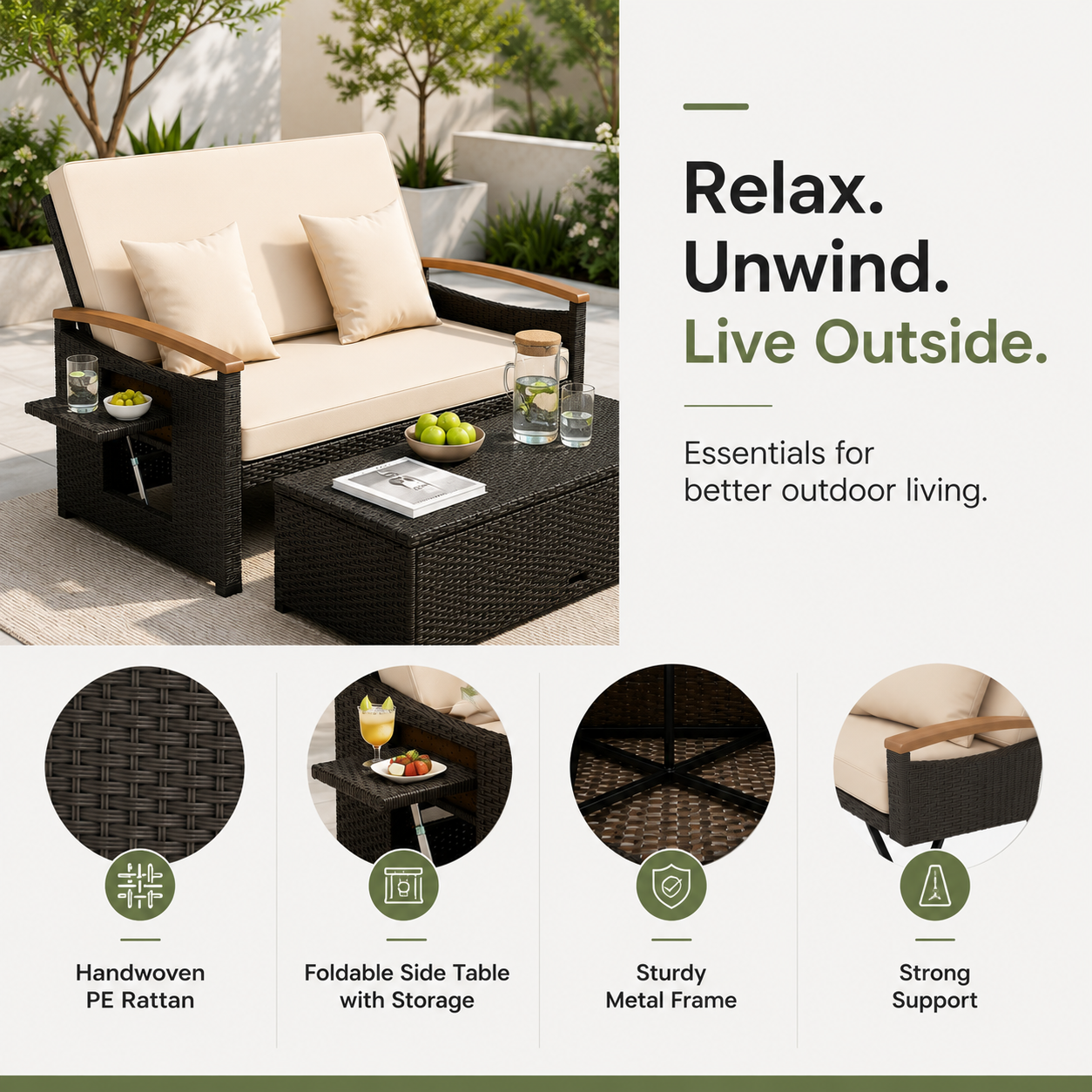 Convertible Outdoor Patio Daybed with Storage Ottoman | Adjustable Wicker Loveseat |