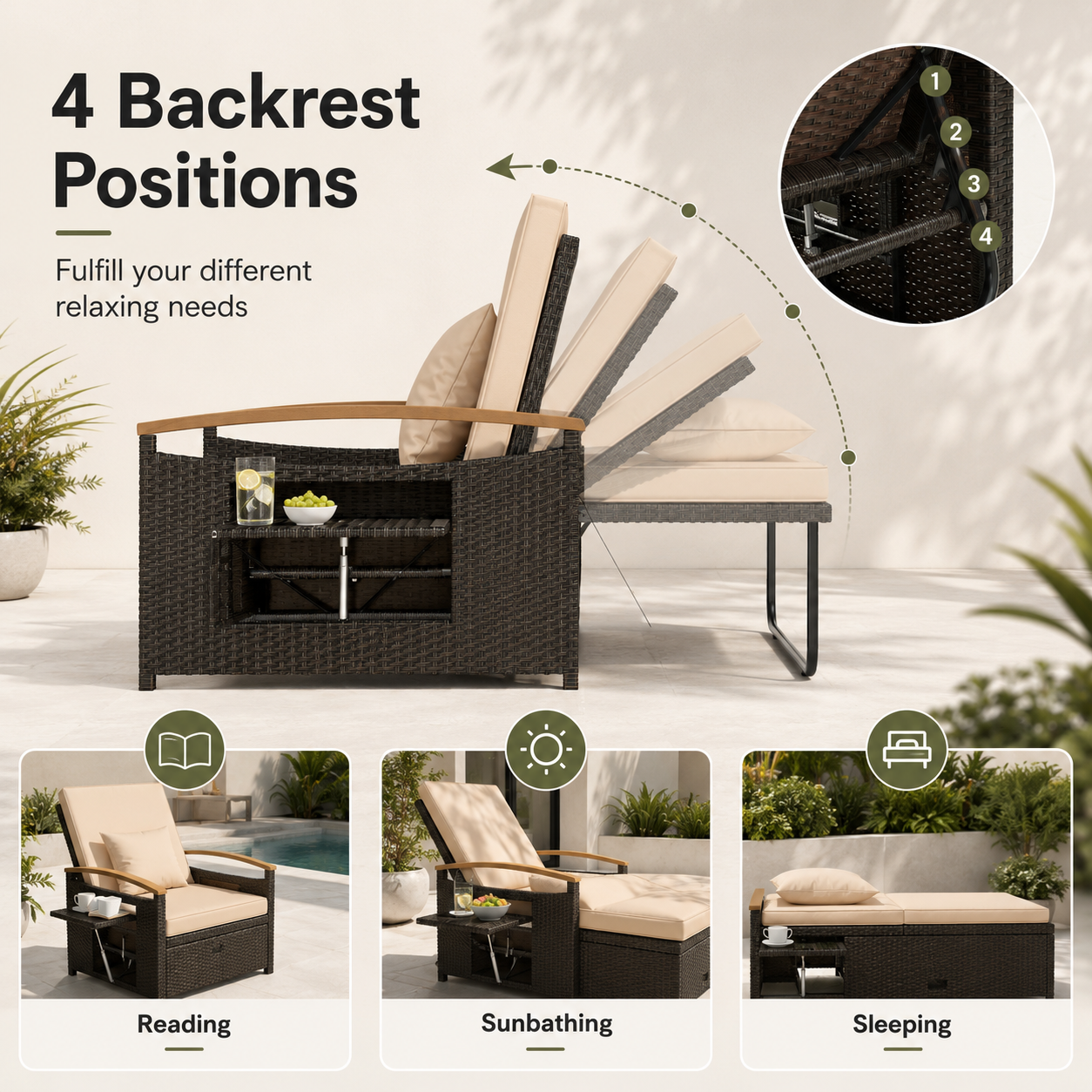 Convertible Outdoor Patio Daybed with Storage Ottoman | Adjustable Wicker Loveseat |