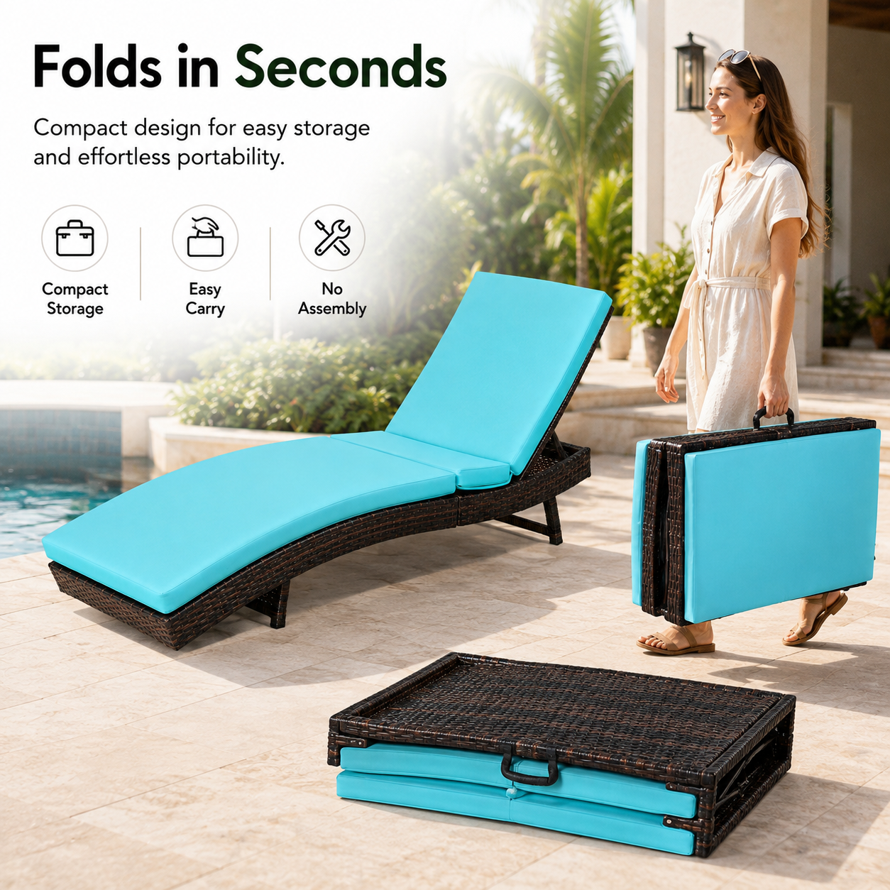 Folding Outdoor Chaise Lounge Chair | 5-Position Reclining Patio Lounger |