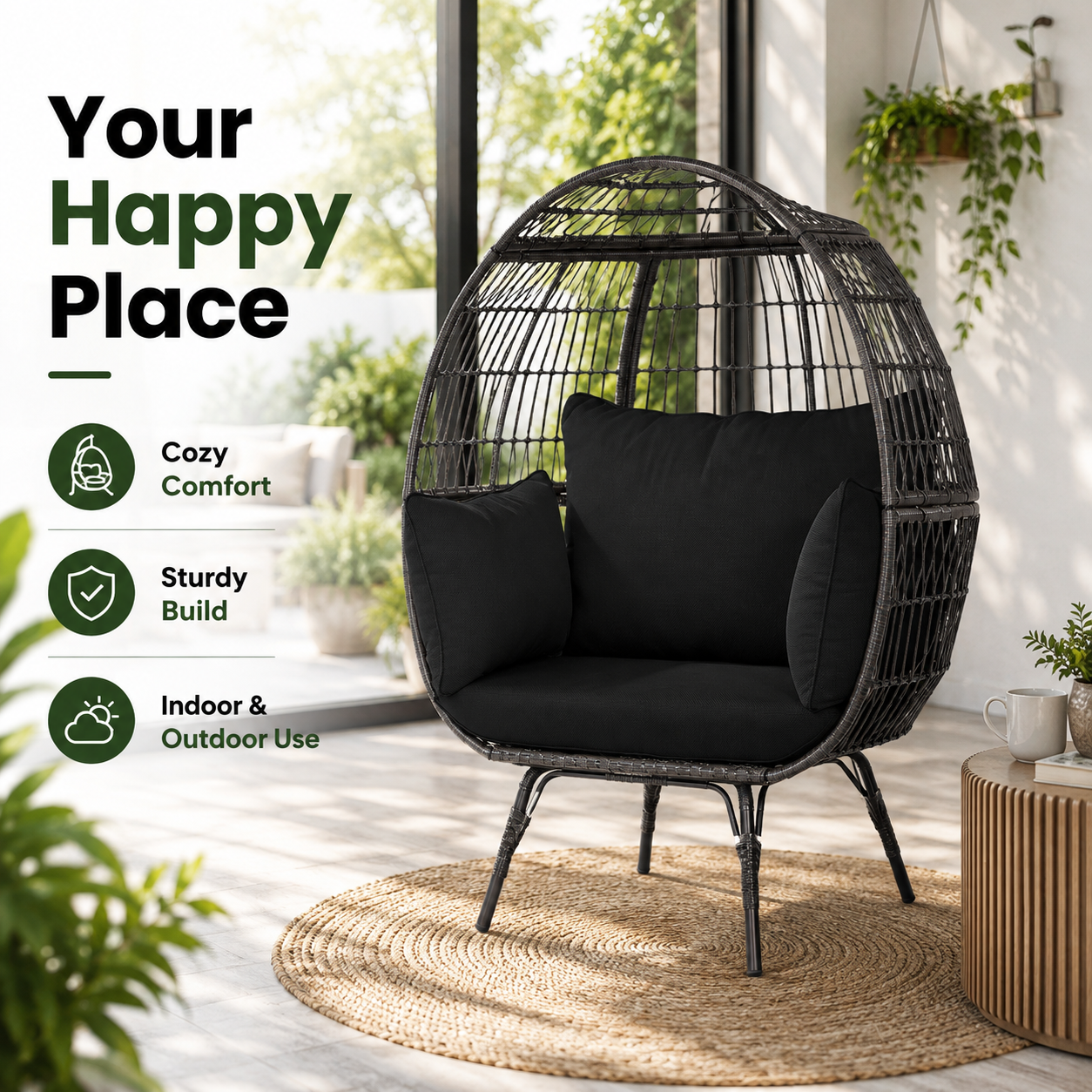 Oversized Outdoor Egg Lounge Chair for 2 with Thick Cushions & All-Weather Wicker