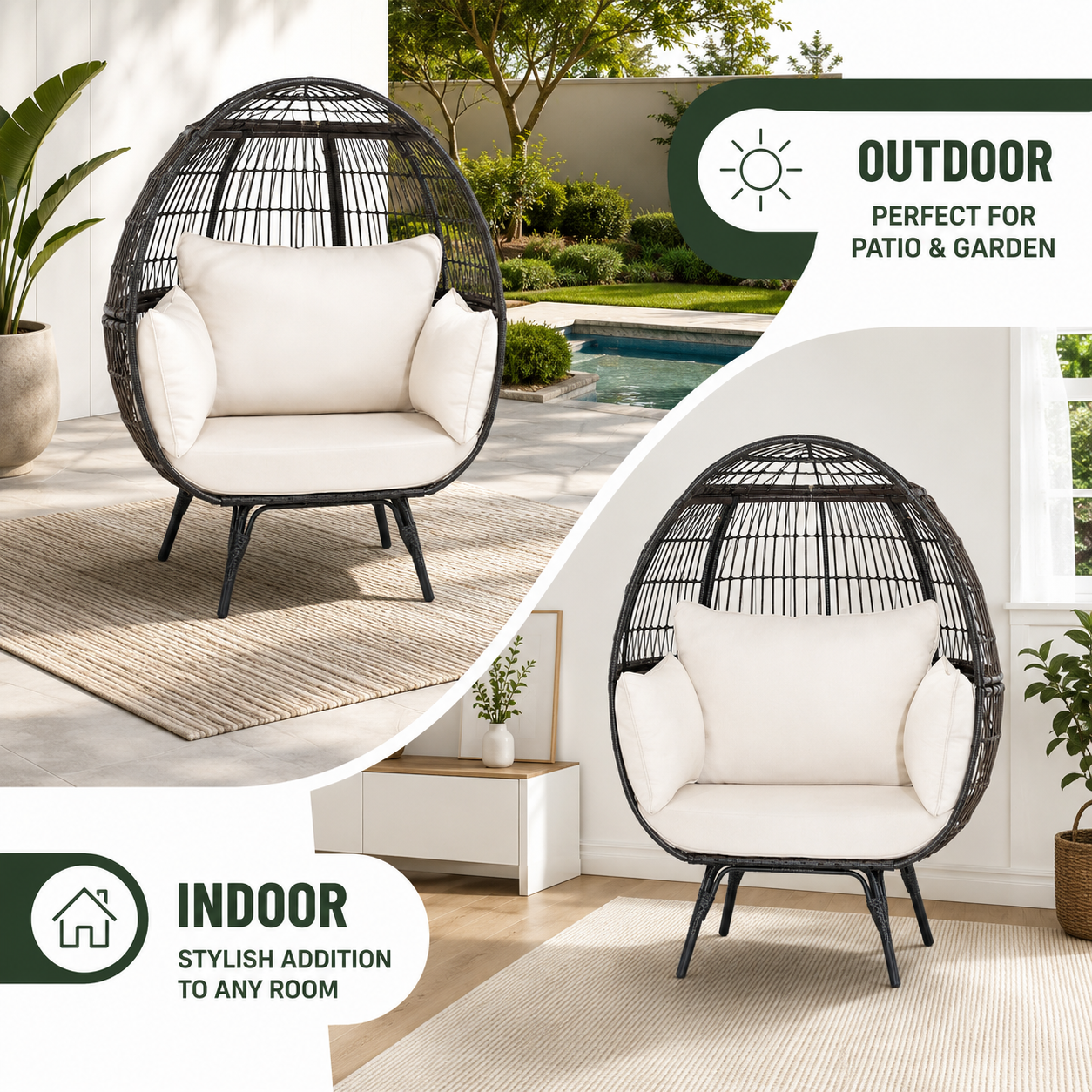 Oversized Outdoor Egg Lounge Chair for 2 with Thick Cushions & All-Weather Wicker