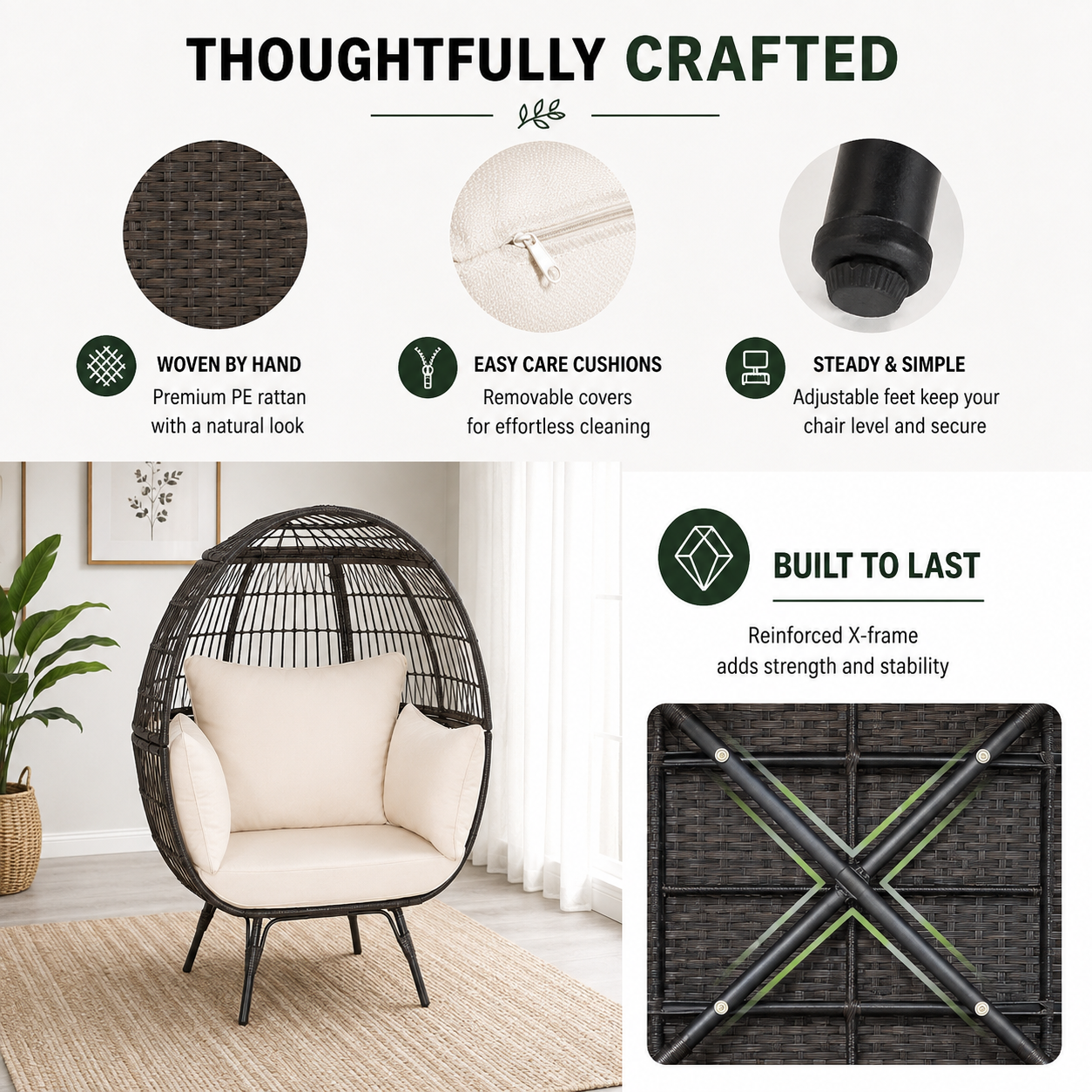 Oversized Outdoor Egg Lounge Chair for 2 with Thick Cushions & All-Weather Wicker