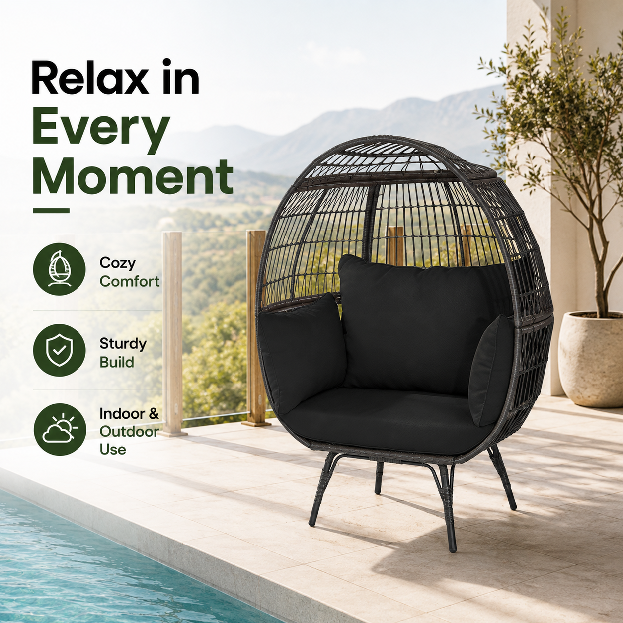 Oversized Outdoor Egg Lounge Chair for 2 with Thick Cushions & All-Weather Wicker
