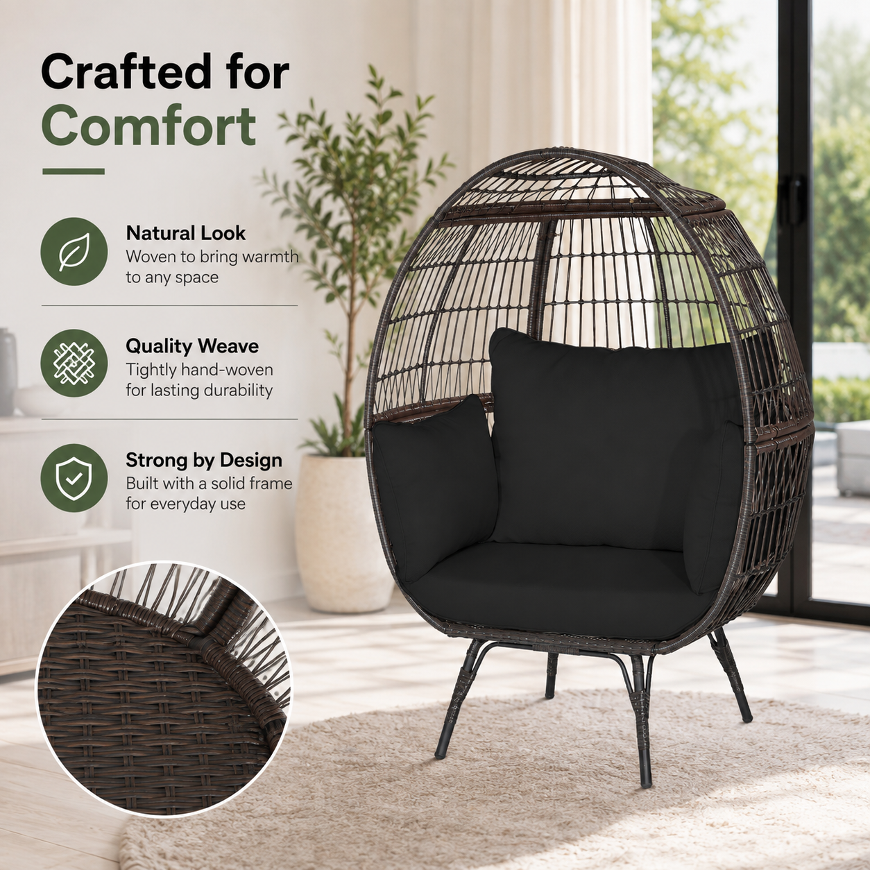 Oversized Outdoor Egg Lounge Chair for 2 with Thick Cushions & All-Weather Wicker
