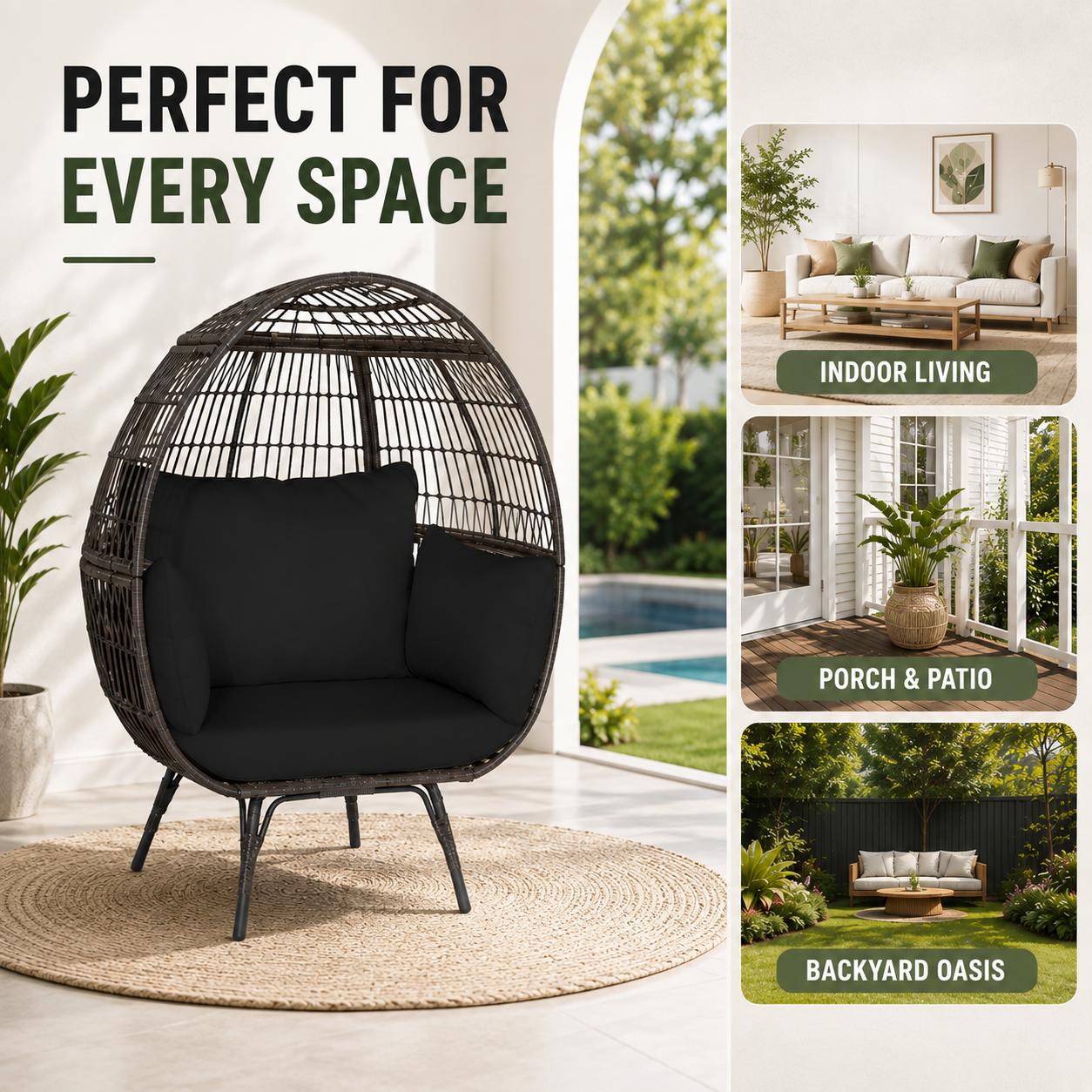 Oversized Outdoor Egg Lounge Chair for 2 with Thick Cushions & All-Weather Wicker
