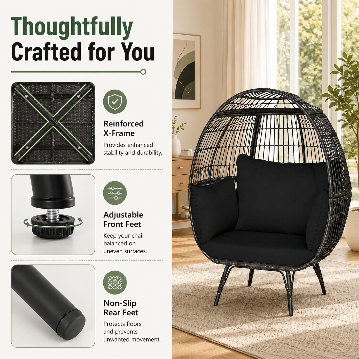Oversized Outdoor Egg Lounge Chair for 2 with Thick Cushions & All-Weather Wicker