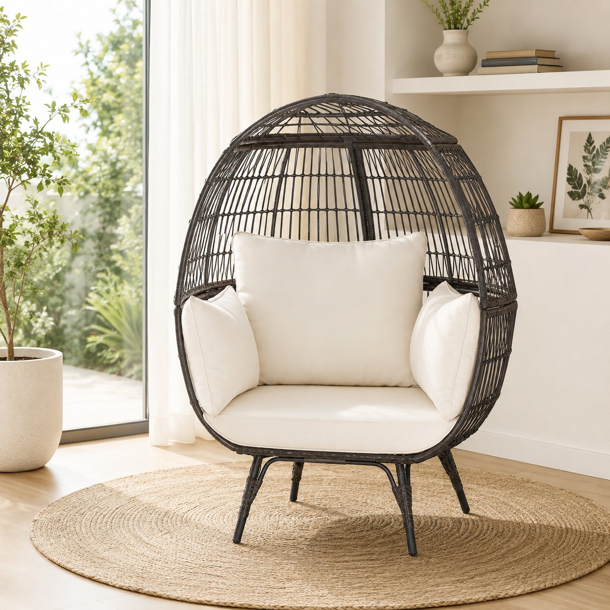 Oversized Outdoor Egg Lounge Chair for 2 with Thick Cushions & All-Weather Wicker