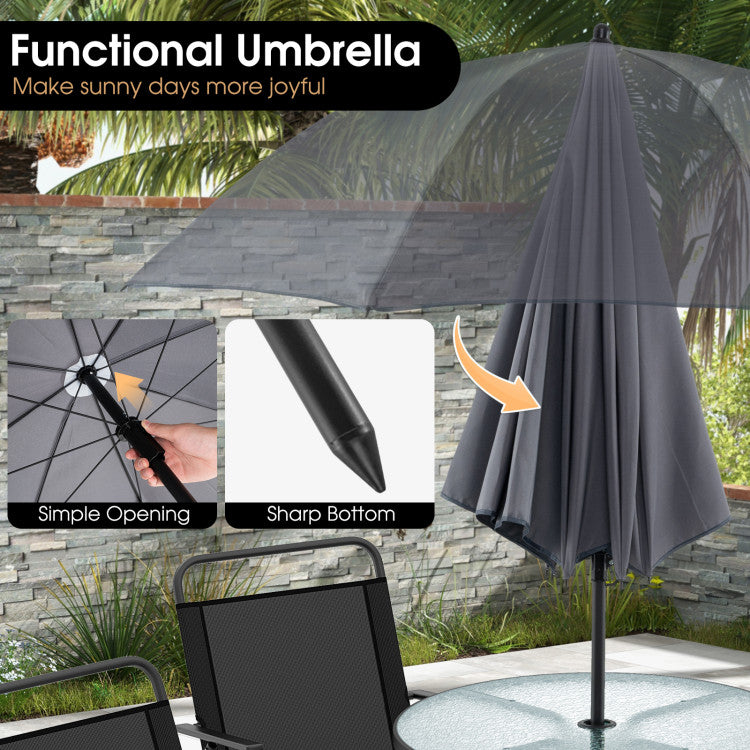 6 Pieces Patio Dining Set Folding Chairs Glass Table Tilt Umbrella for Garden