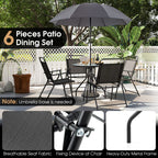 6 Pieces Patio Dining Set Folding Chairs Glass Table Tilt Umbrella for Garden