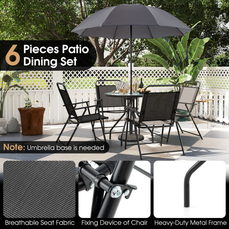 6 Pieces Patio Dining Set Folding Chairs Glass Table Tilt Umbrella for Garden