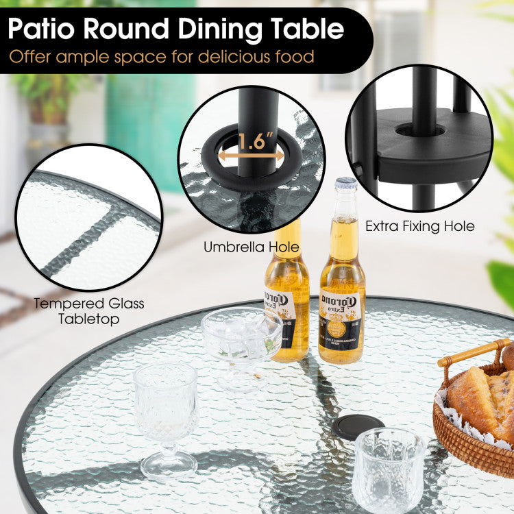 6 Pieces Patio Dining Set Folding Chairs Glass Table Tilt Umbrella for Garden